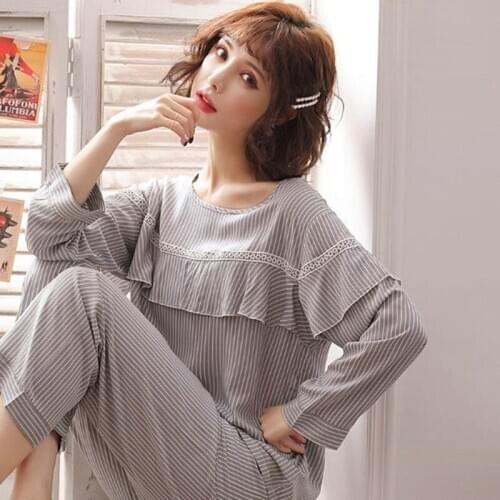 Fashion new pajamas for women casual striped girls sleepwear set 2020 autumn winter home clothes sweet cotton pyjamas female