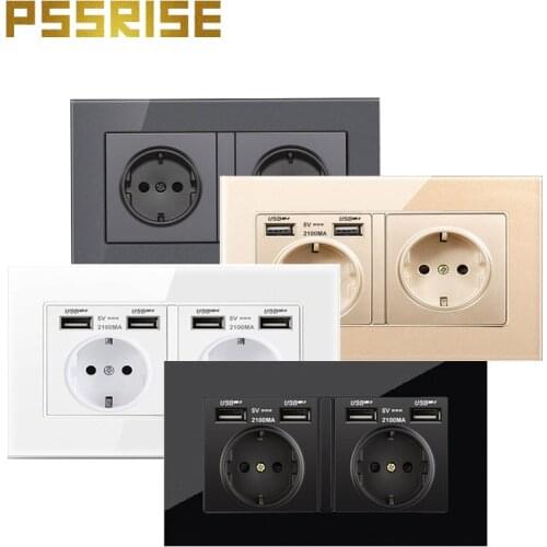 G11 PSSRISE Dual USB charger plates EU Standard combination Crystal Glass Panel Power Socket Plug Grounded outlet