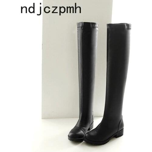 Over The Knee Boots The New Winter Fashion Solid Round Head Thick Heel Low-heeled Womens Shoes Plus Size 34-43 Black White