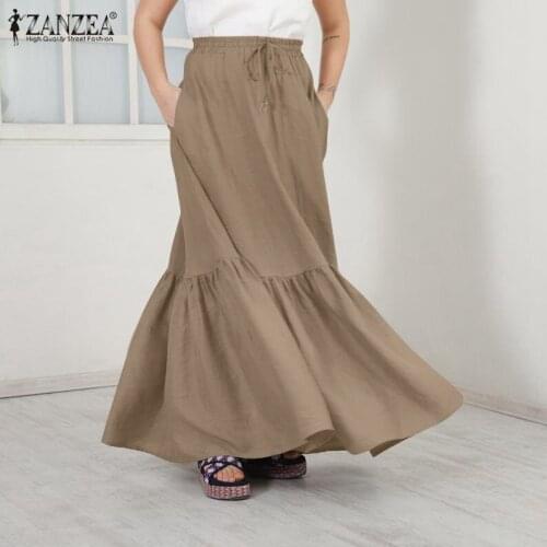 Summer Long Ruffles Skirts Women Elastic Waist Solid Maxi Beach Skirts 2021 ZANZEA Vintage Casual Holiday Party Faldas Saia Jupe
