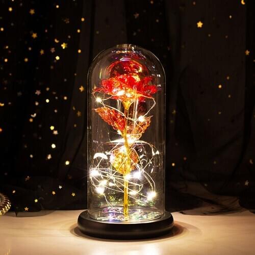 Enchanted Beauty Rose with LED Light in Glass Dome on Wood Base Night Light Party Mothers Day Birthday Valentines Day Gift D30
