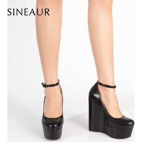 SINEAUR Shoes for women Fashion Maryjane Super High 15CM Ladies Wedges Heel Single-Strap Round-toe Platform PU Office Dress