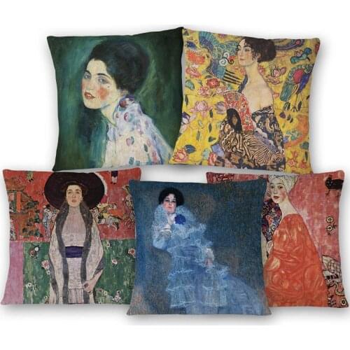 Lady Portrait Flower Cushion Covers Gustav Klimt Painting Beige Linen White Polyester Pillow Case 45X45cm Sofa Decoration