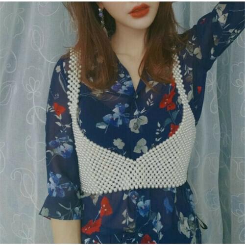 Women Pearl Cropped Top V Neck White Black Sleeveless Fashion Top Tank