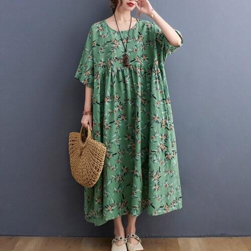 Oversize Floral Print Boho Dresses For Women Large Size 4XL 5XL 6XL Cotton Long Casual Dress Robe Female Linen Dress Sundressxj