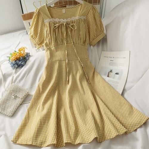 Women Sweet Dress Puff Sleeve Holiday Mini Dress 2021 Female Square Collar Lace Party Plaid Dress Clothing