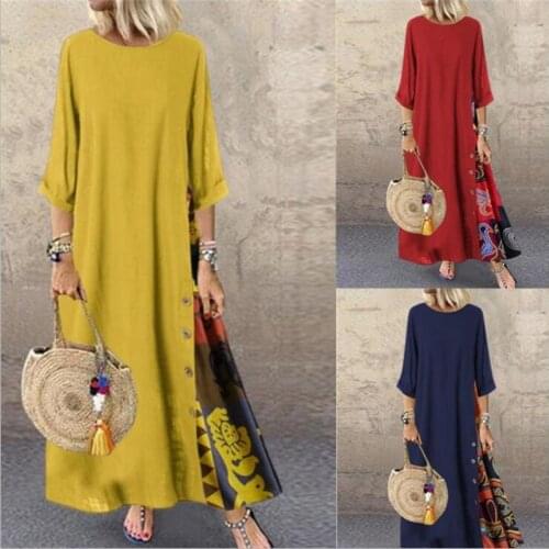 Womens Autumn Folk O Neck Dresses Vintage Print Patchwork Button Long Dress Three Sleeve Casual Cotton-ramie Ladies Dresses