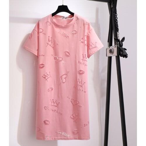 Summer Plus Size Women Korean INS Short-sleeved Mini Dress Casual Hollow-out Design T-shirt Skirt