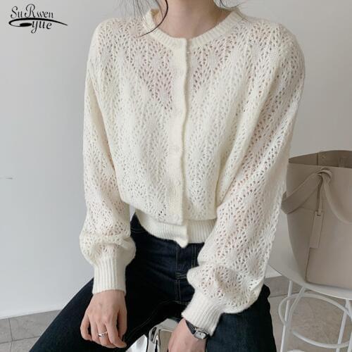 2021 Cardigan Knitted Hollow Out Blouses Women Casual Lantern Long Sleeve Shirts Women Solid Elegant Tops Blusa Feminina 9824