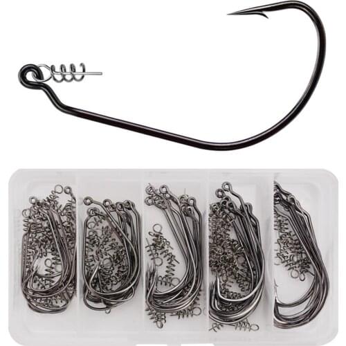 50Pcs/Set High Carbon Steel Worm Soft Bait Mixed Size Barbed Jig Hooks with Twist Spring Lock Pins for Fly Fishing Accessories