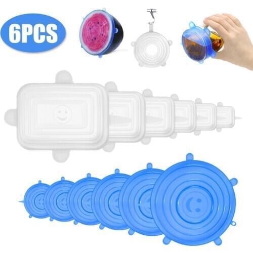 6pcs silicone lids Fresh cover zero waste food cover reusable bowl pot lid Stretch tops silicone adaptable cover for cans