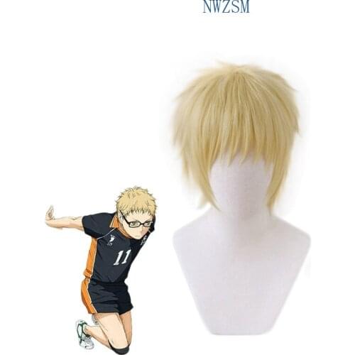 Anime Haikyuu!! Kei Tsukishima Short Light Blonde Heat-resistant Fiber Hair Cosplay Costume Wig + Wig Cap