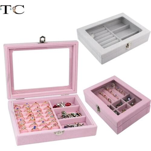 Velvet Glass Ring Earring Box Jewelry Display Organizer Necklace Box Tray Holder Storage Case Joyeros Organizador De Joyas