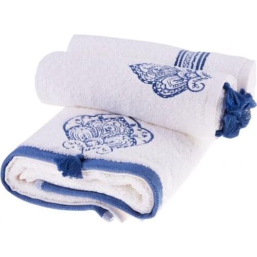 100% Cotton 3-Piece Fringed Towel Set Blue Towel Set 2 Hand Towels and 1 Face Towel 30x50 - 50x90