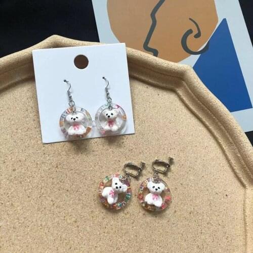 Cute And Sweet Round Bear Dangle Earrings Colorful Hoop Earrings Clip Cartoon Childlike Girl Women Jewelry Gifts