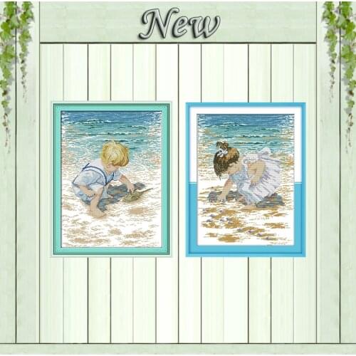 The little boy on the beach shells Counted printed on canvas DMC 14CT 11CT Cross Stitch Needlework kit Embroider Sets wall Decor