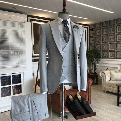 New Grey Mens Suit Groom Suit Cheap Formal Man Suits for Wedding Best Men Slim Fit Groom Tuxedos for Man(Jacket+Vest+Pants)Terno
