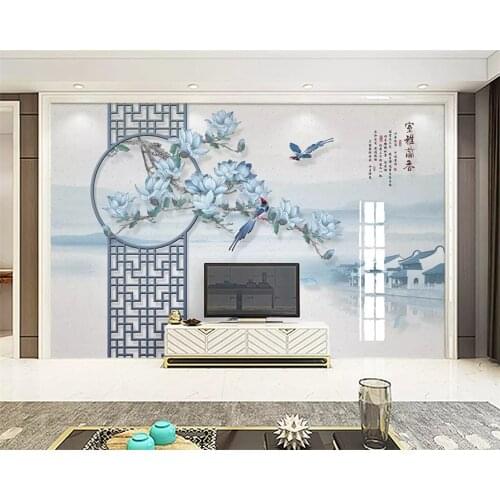 Beibehang Custom wallpaper Nordic new Chinese cyan magnolia TV bedroom living room background papel de parede 3d papier peint