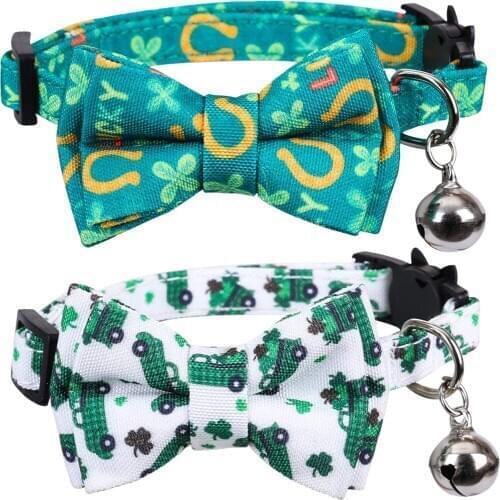 St. Patricks Day Cat Collars Breakaway with Bow Tie and Bell Shamrock Patterns Adjustable Safety Kitten Collars for Pets Puppy