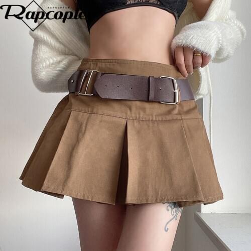 Rapcopter Y2K Mini Skirts Sashes Retro Pleated Skirts Khaki With Underneath Short Skirts Women Korean Style Preppy Skirts 90S