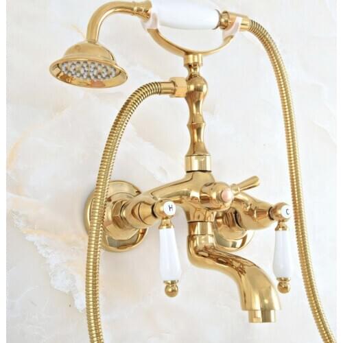 Luxury Polished Gold Color Brass Bathroom Wall Mounted Clawfoot Tub Faucet Taps Set With Hand Held Shower Head Spray mna821