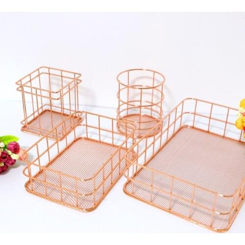 Rose Gold Wrought Iron Cosmetic Storage Box Desktop Cleaning Debris Box Dressing Table Storage Box