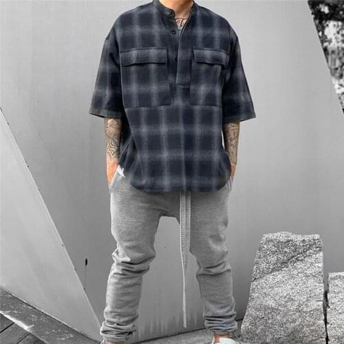 2021 Summer Men Essential Shirt Short Sleeve Plaid Stand Collar Loose High Street Women Blouse High Quality