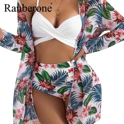Ranberone Sexy Floral Print Bikini Swimsuit Women 3 Piece High Waist Bikini Set Swimwear Female Brazilian Push-Up Bathing Suit