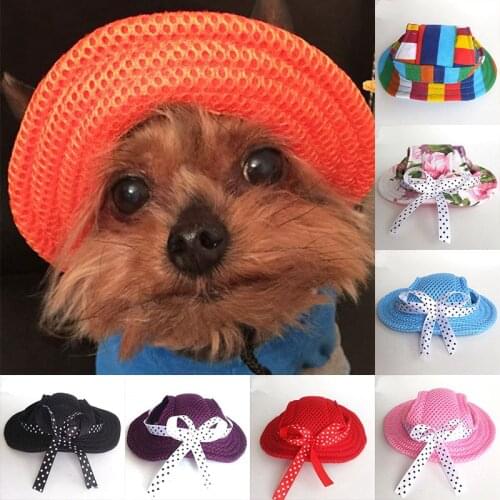 Cute Pet Dog Sun Hat Summer Sunhat Cloth Outdoor Accessories Mesh Cloth Princess Cap Pet Bow Round Hat Flower Strip Breathable