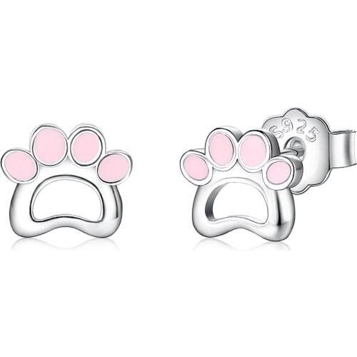ZEMIOR Cute Stud Earring For Women S925 Sterling Silver Cat Footprint Pink Epoxy Earrings Sweet Romantic Style Fine Jewelry