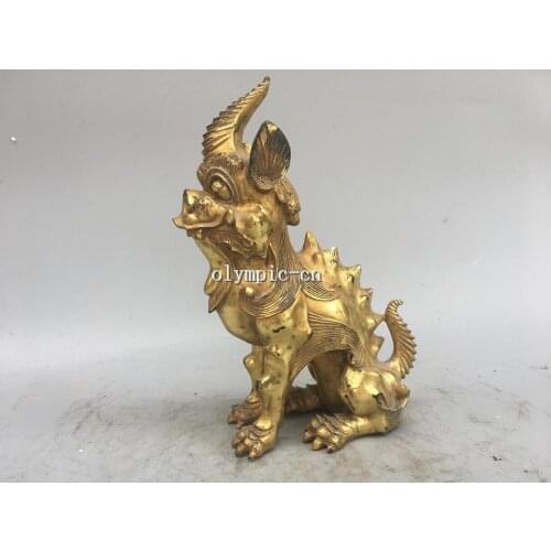 11''Bronze Gild carved Home Fengshui auspicious beast dragon Kylin unicorn