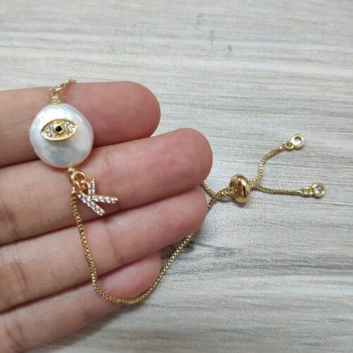 5pcs/lot evil eye tiny white cz initial 26 alphabet letter name charm charm freshwater pearl bead gold link bracelet for women