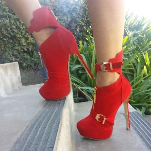 ASHIOFU Handmade Ladies High Heel Platform Pumps Faux-suede Leather Buckle Strap Party Dress Shoes Round-toe Evening Court Shoes
