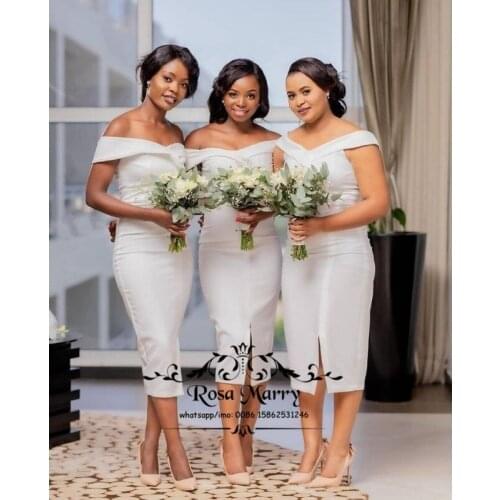 White Short Sheath Bridesmaids Dresses 2021 Off Shoulder Tea Length African Nigeria Cheap Maid of Honors Wedding Guest Gowns