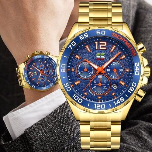 Top Brand Watches for Men Stainless Steel Gold Wristwatch Fashion Chronograph Business Quartz Clock Waterproof Relogio Masculino