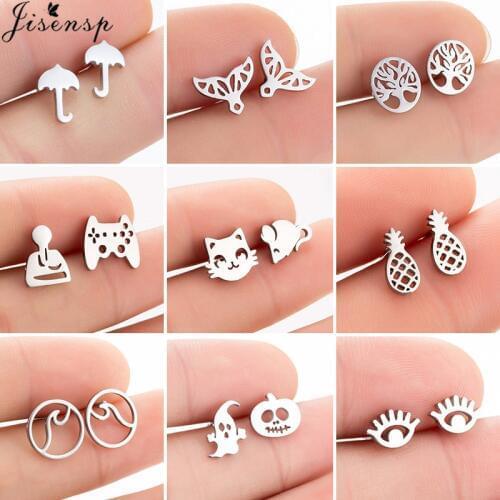 Stainless Steel Geometric Earrings for Women Girls Minimalist Ghost Umbrella Wave Cat Mouse Earing Stud Jewelry pendientes
