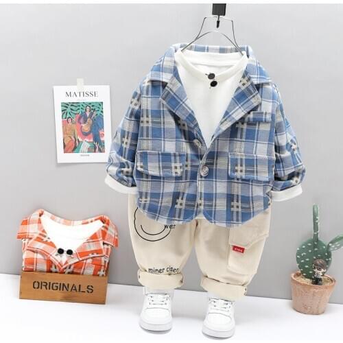 New Spring Children Baby Kids Boys Plaid Suit Coat Long Sleeve Pants 3Pcs/sets Toddler Fashion Cotton Clothing Infant Tracksuits