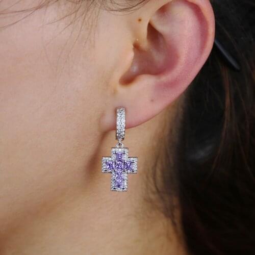 Iced out sparking bling white purple cz cross charm dangle earrings gold silver color luxury cubic zirconia fashion jewelry