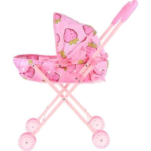 Pink Strawberry Doll Outdoor Buggy Pram Infant Push Cart Folding Simulation Stroller Trolley Baby Dolls Kids Pretend Play Toys