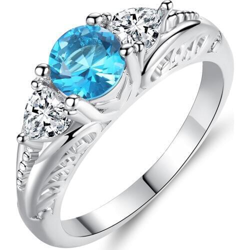 Classical Vintage Style Acid Blue Round Zircon Party Wedding Rings Rhodium Plated For Women Party Jewelry Birthday Gifts