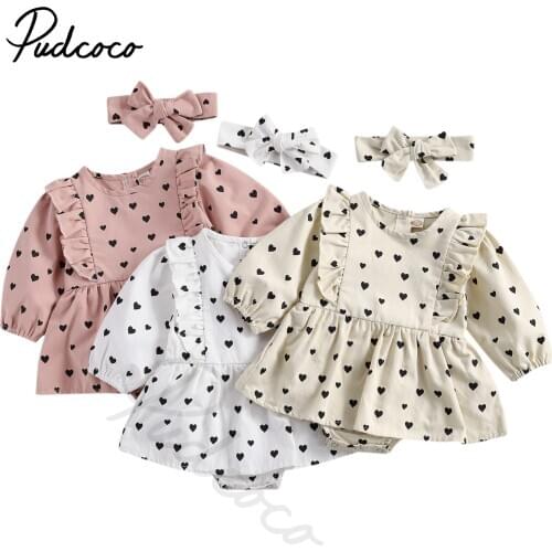 Spring Autumn New Born Baby Girl 2-piece Bodysuits Dress Set Long Sleeve Heart Print Crew Neck Lace Mini Dress and Hairband