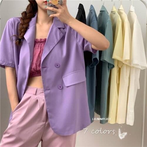Korean Loose Summer Women Blazers 2021 New Simple Design Elegant Office Lady Casual Coat Blazer Short Sleeve Solid Clothes