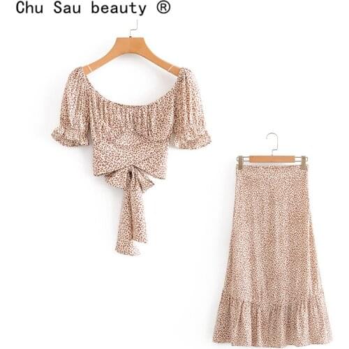 Party Two-piece Suit Lady Summer Elegant Leopard Print Puff Sleeve Lace-up Crop Top +Elastic Waist Midi Skirt Suit Woman