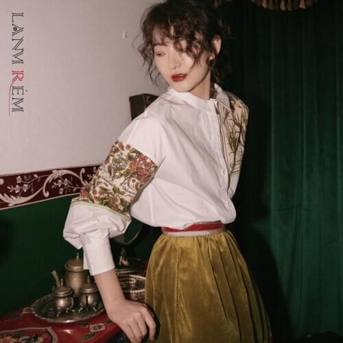 LANMREM 2021 autumn clothes for women Botany Atlas Printing White Shirt loose casual design long sleeve blouse YH07300