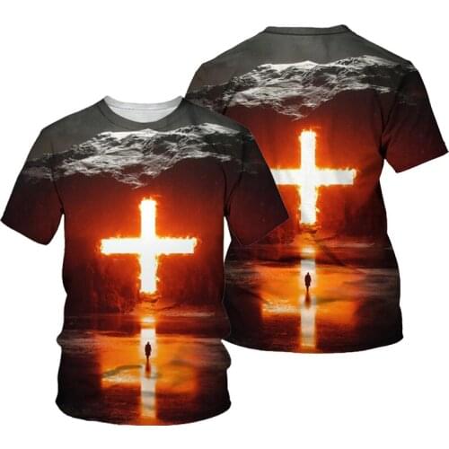 3D Cross Print Men T-shirt Jesus 2021 Summer O Neck Short Sleeve Tees Tops Christian Style Male Clothes Fashion Casual T-shirts