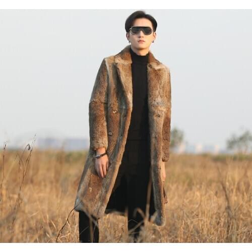 Real genunie natural rabbit fur coat mens English-collar long fashion jacket warm winter custom any size