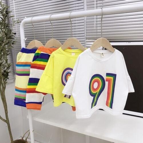 Brand New Summer Childrens Sets Baby Boys and Girls Short Sleeve T Shirt Suits Kids Fashion Rainbow Tees+harem Pants Sets 2-7Y