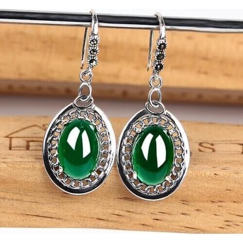 ZHJIASHUN Retro 100% 925 Sterling Silver Drop Earring For Women Vintage Natural Precious Stone Earrings Silver Jewelry