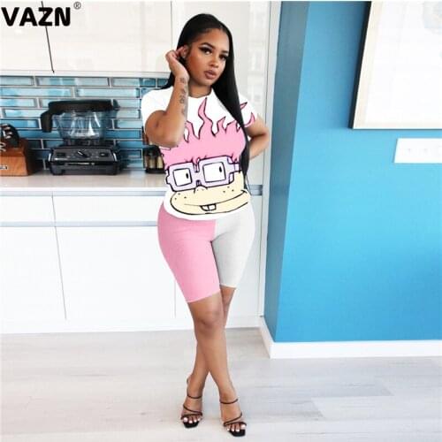 VAZN 2020 Sexy Cartoon Two Piece Set V-neck Loose 2 Piece Set Women Short Sleeve Top And Pant Summer Hot Sets