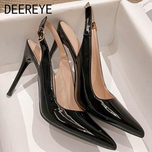 Patent Leather Elegant Womens 8CM Slingback High Heel Pump Sexy Stiletto Pointed Toe Sandals 2021 Office Wedding Shoes Bride
